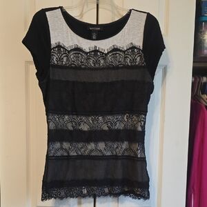 White House Black Market Black and Gray Lace Blouse Medium